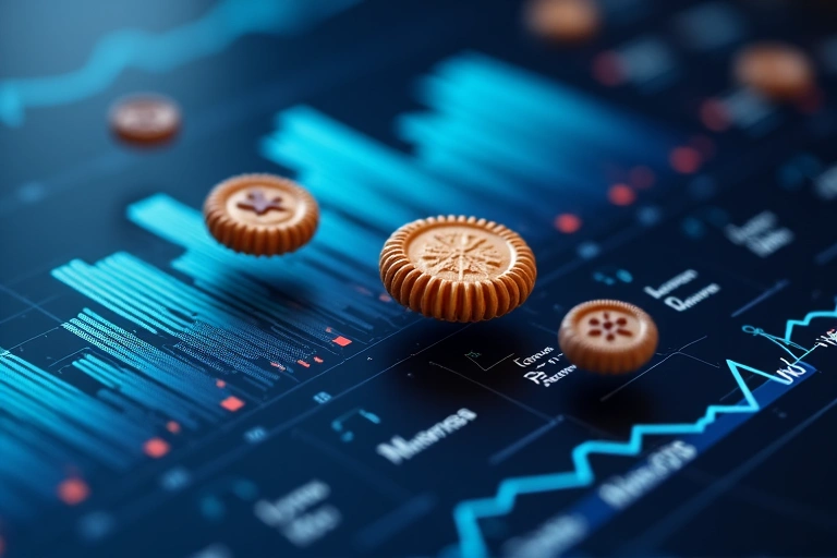 Gráficos de análise de dados com elementos de cookies flutuando ao redor.