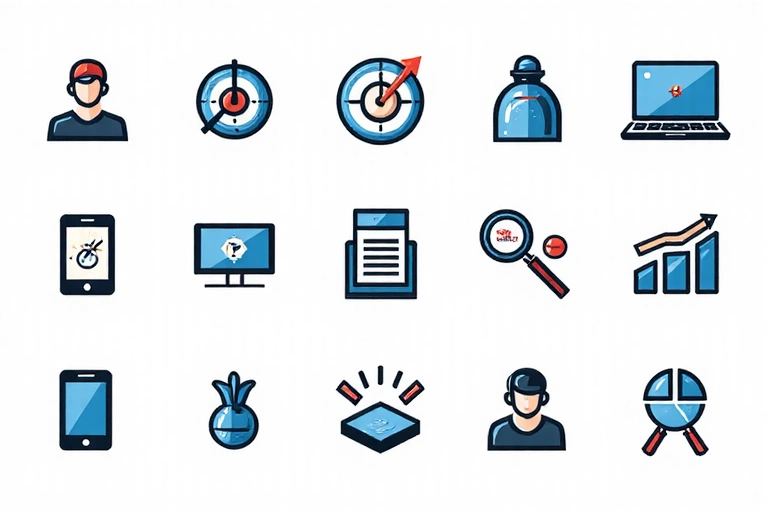 Ícones de publicidade digital e marketing com um foco em segmentação e personalização.