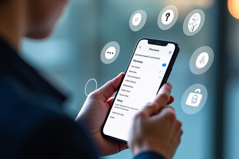 Pessoa a verificar direitos de privacidade num smartphone, com ícones de dados e segurança