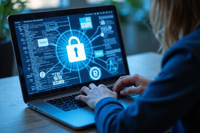Pessoa a interagir com um website seguro, com elementos de criptografia e proteção de dados