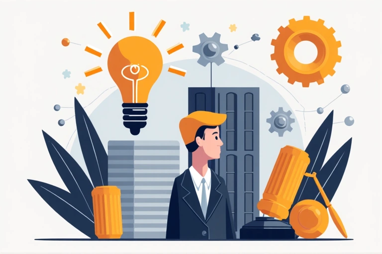 Abstract representation of intellectual property, with gears and light bulbs symbolizing innovation and legal protection.