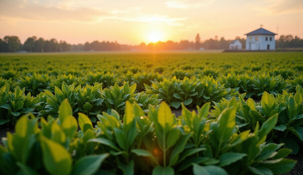 Campo com plantas verdes ao amanhecer, simbolizando o início e a natureza.