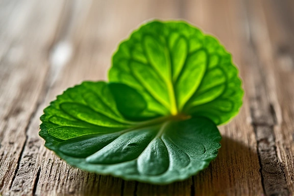 Folha de planta verde em uma superfície de madeira rústica, simbolizando naturalidade e pureza.