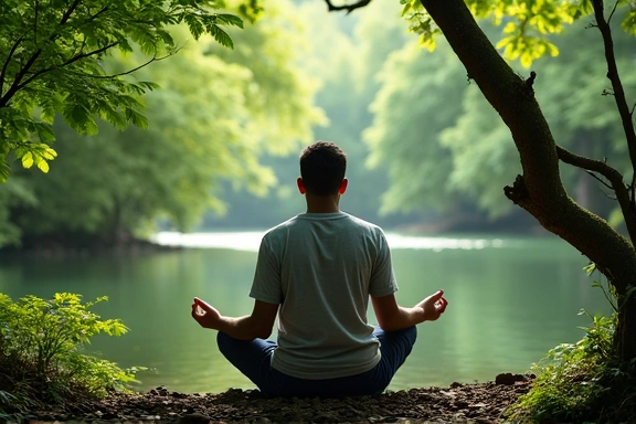 Homem meditando em um ambiente natural, simbolizando paz e saúde mental.
