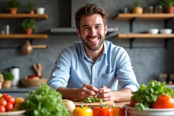 Homem sorrindo enquanto prepara uma refeição saudável.