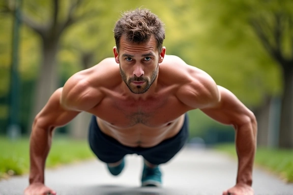 Homem praticando exercícios físicos ao ar livre, simbolizando vitalidade e energia.