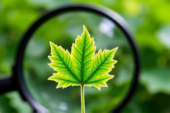 Lupa examinando uma folha de planta, simbolizando inspeção de qualidade.