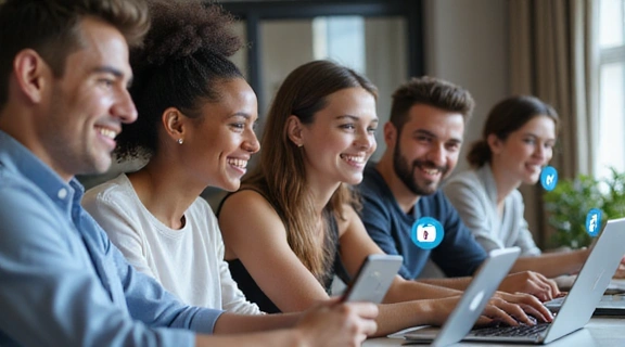 Pessoas sorrindo e interagindo digitalmente, com ícones de redes sociais flutuando ao redor, simbolizando conexão e comunidade online.