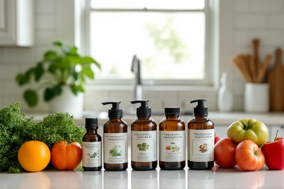 Potes de suplementos naturais e ingredientes saudáveis em uma bancada.