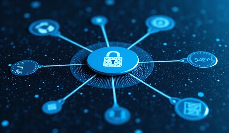 Representação visual de dados fluindo com segurança entre diferentes entidades, simbolizando partilha controlada e proteção de privacidade.