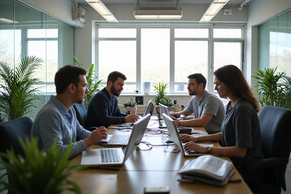 Um escritório moderno e iluminado com pessoas trabalhando em computadores, simbolizando a comunicação e o suporte ao cliente.